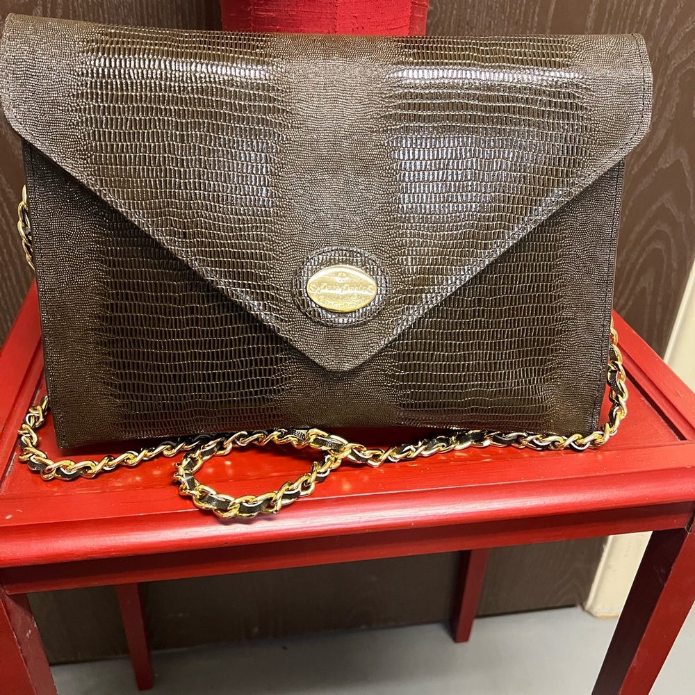Brown Textured Clutch with Chain Strap